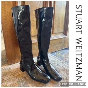 🦋Stuart Weitzman Patent Black Leather Low Block Heel Riding Boots🦋